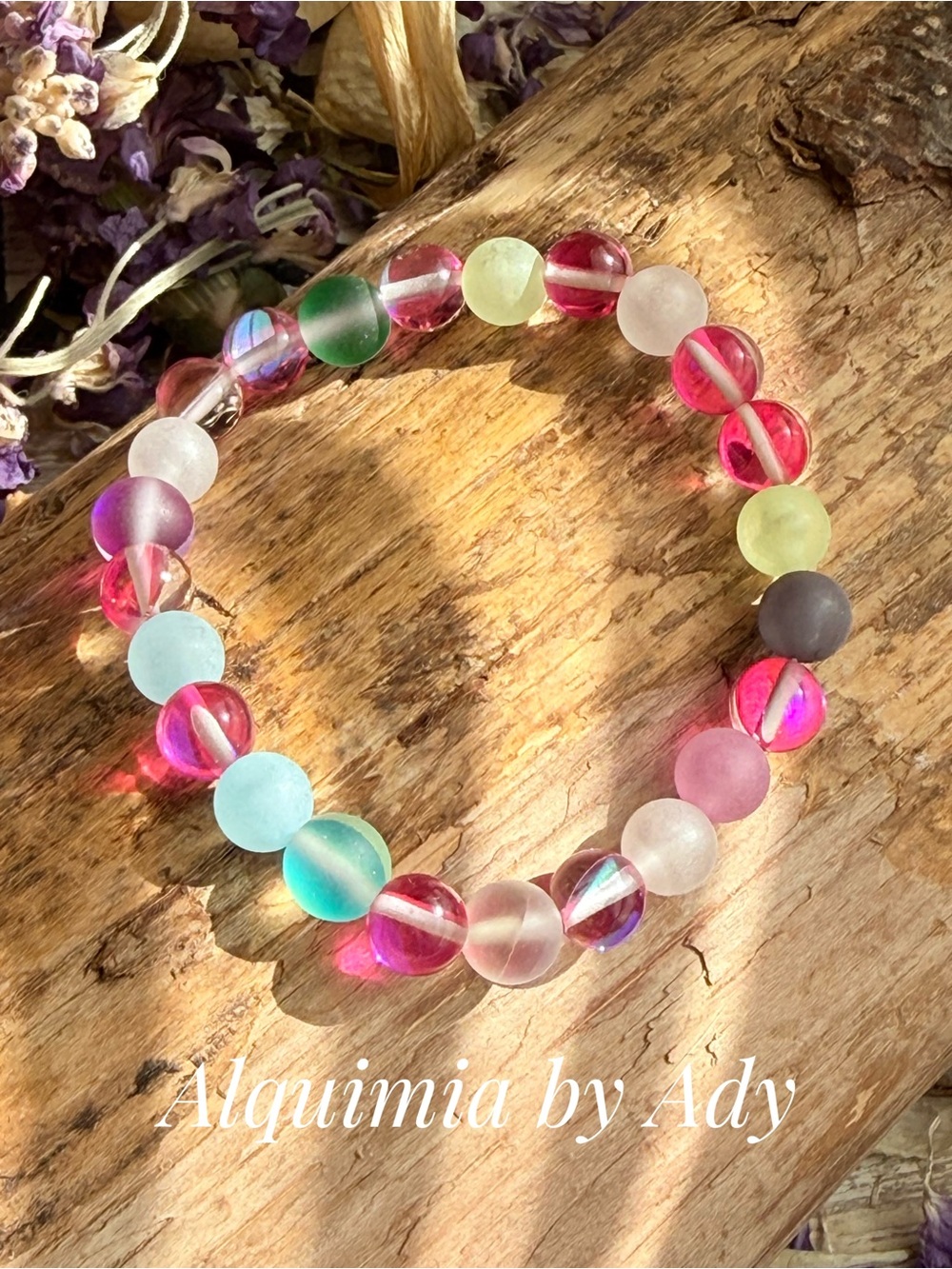 MAGENTA Multicolor glass and Aura Quartz Bead Bracelet | cool layers